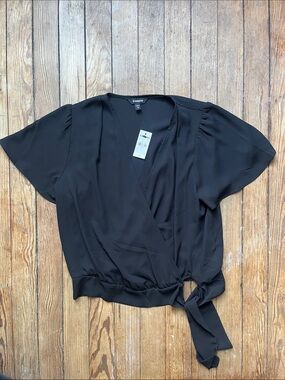 Express Black Wrap Tie Surplice Short Sleeve Blouse